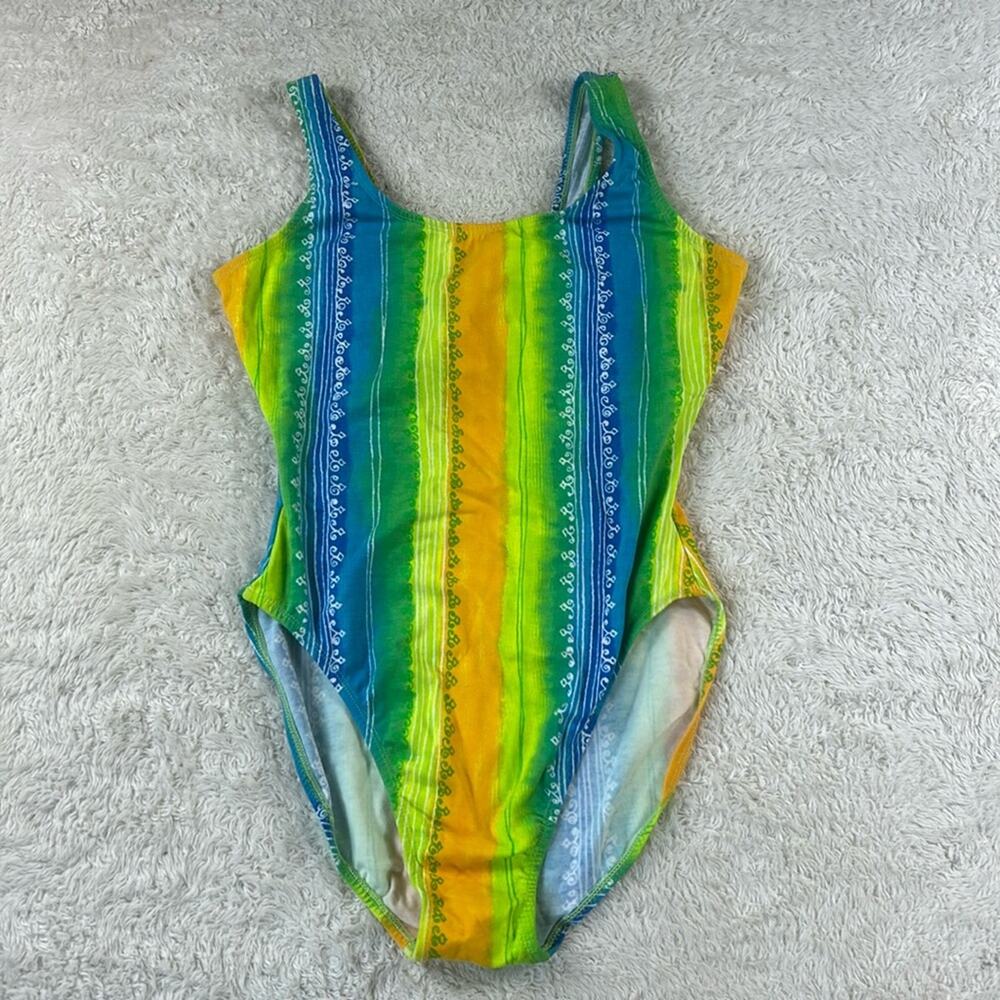 Vintage 90s Energy Zone Neon striped‎ swimsuit, size 11/12